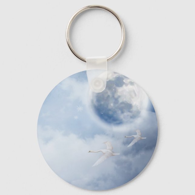 Magical Blue Sky with Flying Swans Key Ring (Front)