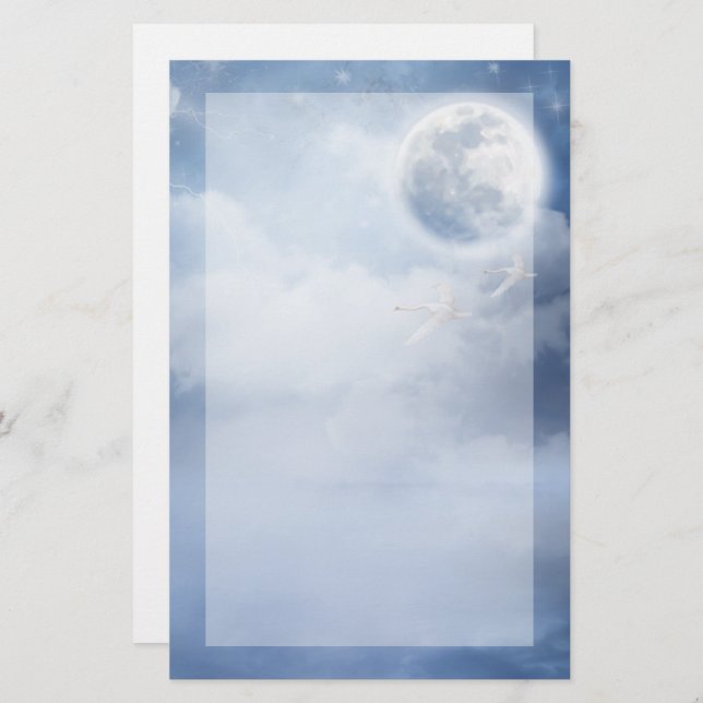 Magical Blue Sky with Flying Swans Stationery (Front/Back)