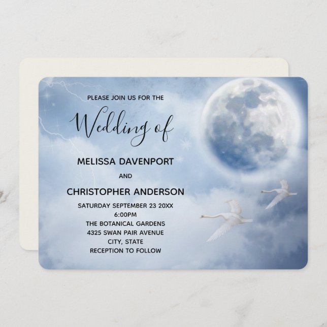 Magical Blue Sky with Flying Swans Wedding Invitation (Front/Back)