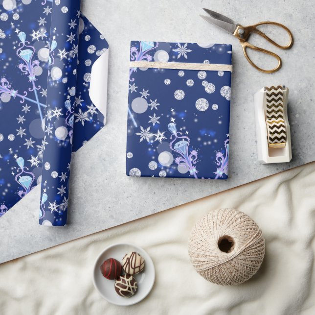 Magical Blue Snowflakes Wand Pattern Holiday Wrapping Paper (Crafts)