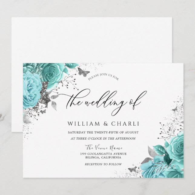 Magical Blue Teal Aqua Roses Floral Wedding Invitation (Front/Back)