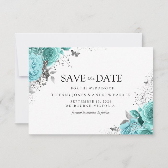 Magical Blue Teal Aqua Roses Floral Wedding Save The Date (Front)