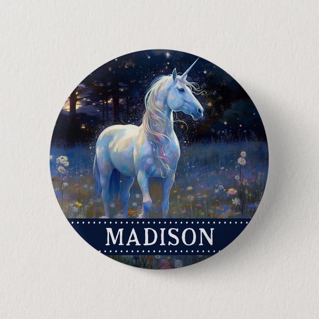 Magical Blue Unicorn Button with Custom Name (Front)