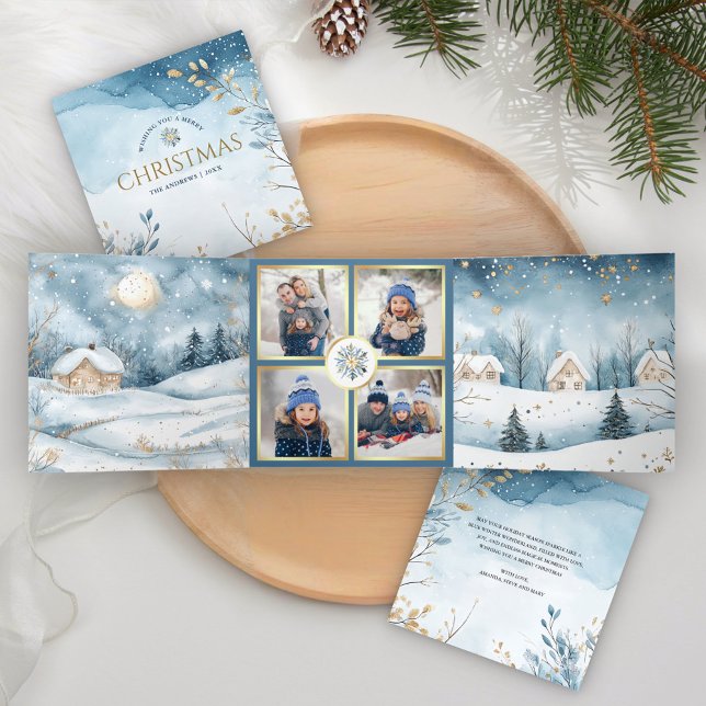 Magical Blue Winter Wonderland 4 Photo Christmas Tri-Fold Holiday Card (Creator Uploaded)