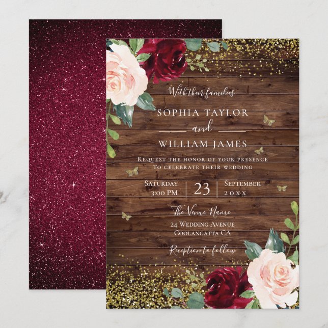 Magical Blush & Burgundy Floral Rustic Wedding Invitation (Front/Back)