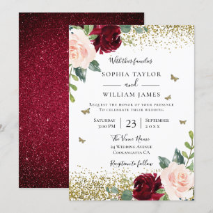 Magical Blush & Burgundy Red Floral Spring Wedding Invitation