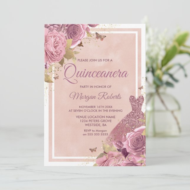 Magical Blush Pink Dress & Flowers Quinceanera Invitation (Standing Front)