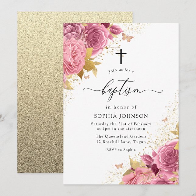 Magical Blush Pink Gold Flowers Glitter Baptism Invitation (Front/Back)