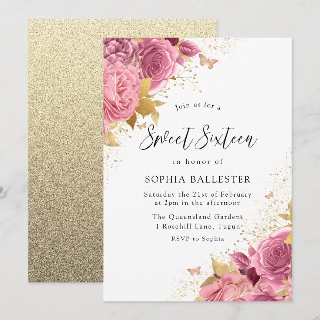 Magical Blush Pink Gold Flowers Sweet 16 Invitation (Front/Back)