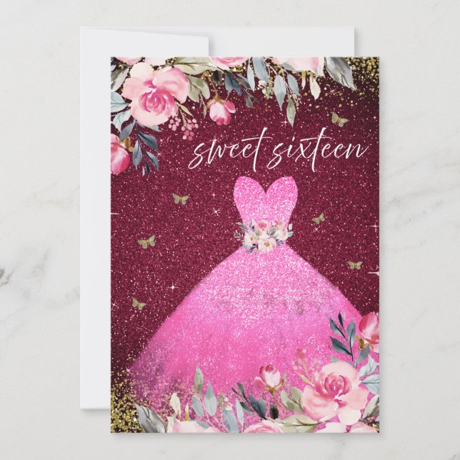 Magical Blush Pink Gown Dress Floral Sweet 16 Invitation (Front)