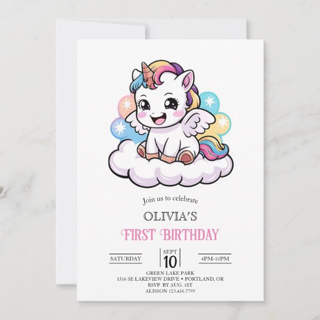 Magical Boho Digital Unicorn 1st Birthday Invitation (Front)
