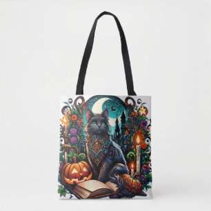 Magical Bookish Black Cat Tote Bag