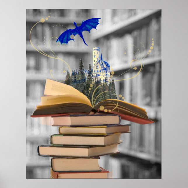 Magical books with dragon and castle poster (Front)