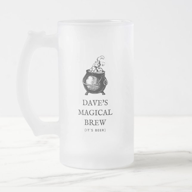 Magical brew funny Halloween personalised cauldron Frosted Glass Beer Mug (Left)
