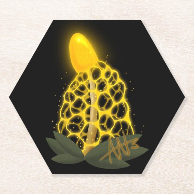 Magical Bridal Veil Sparkly Yellow Mushroom Paper Coaster (Front)