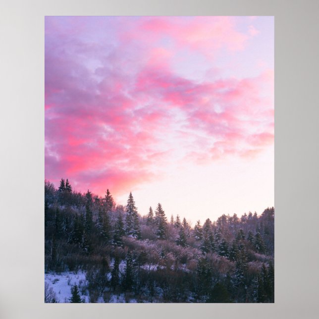 Magical bright pink sunset above snowy forest poster (Front)