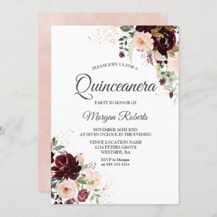 Magical Burgundy Blush Red Wine Floral Quinceanera Invitation