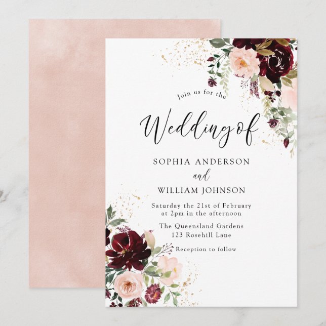 Magical Burgundy Blush Red Wine Flowers Wedding Invitation (Front/Back)