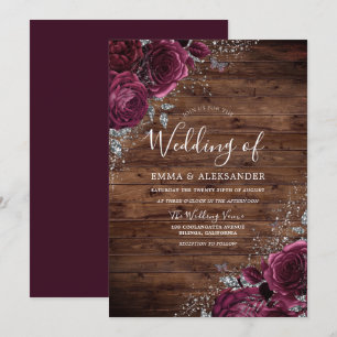Magical Burgundy Roses Rustic Wood Wedding Invitation