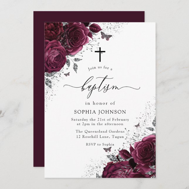 Magical Burgundy Roses With Silver Elegant Baptism Invitation (Front/Back)