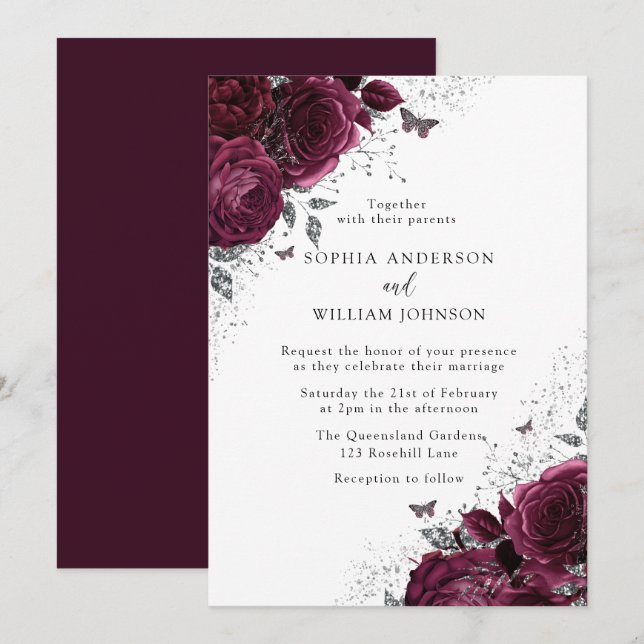 Magical Burgundy Roses With Silver Elegant Wedding Invitation (Front/Back)