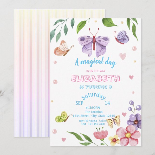 Magical Butterflies Striped Birthday  Invitation (Front/Back)