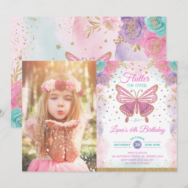 Magical Butterfly Pink Purple Gold Fairy Birthday Invitation (Front/Back)
