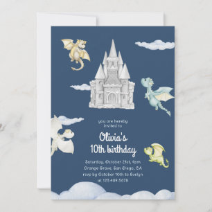Magical Castle Cute Dragons Kids Birthday Blue Invitation