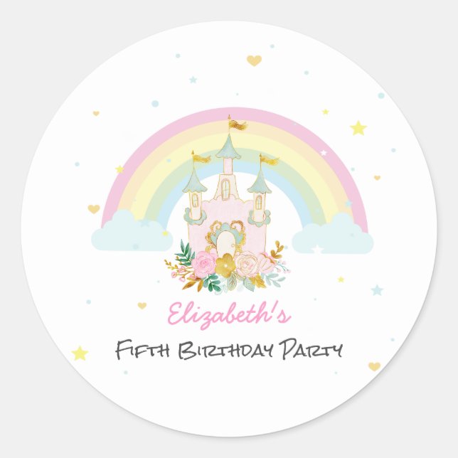 Magical Castle Floral Rainbow Birthday Classic Round Sticker (Front)