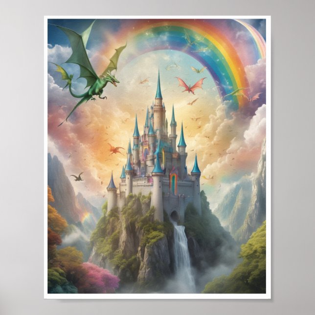 Magical castle flying dragons fairies rainbow poster (Front)