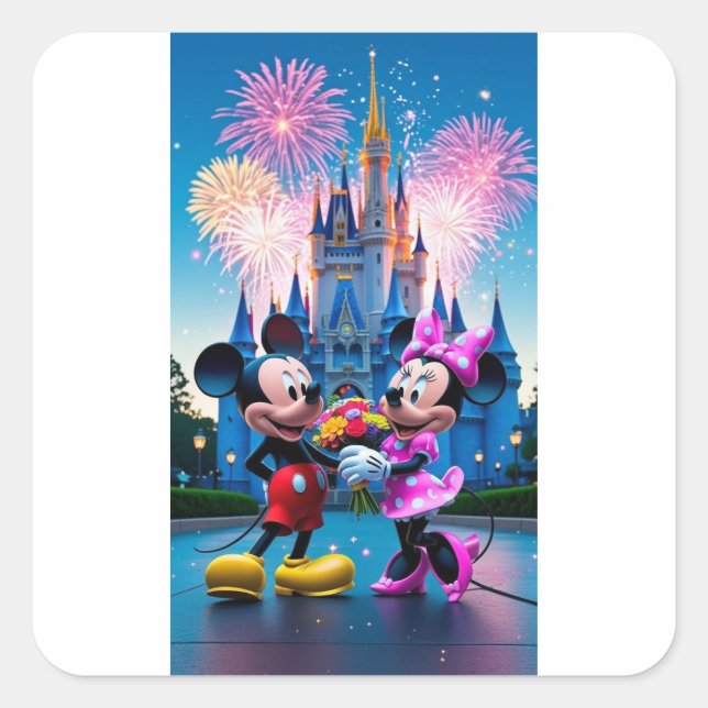 Magical Castle Mickey and Minnie Mouse Party Paper Square Sticker (Front)