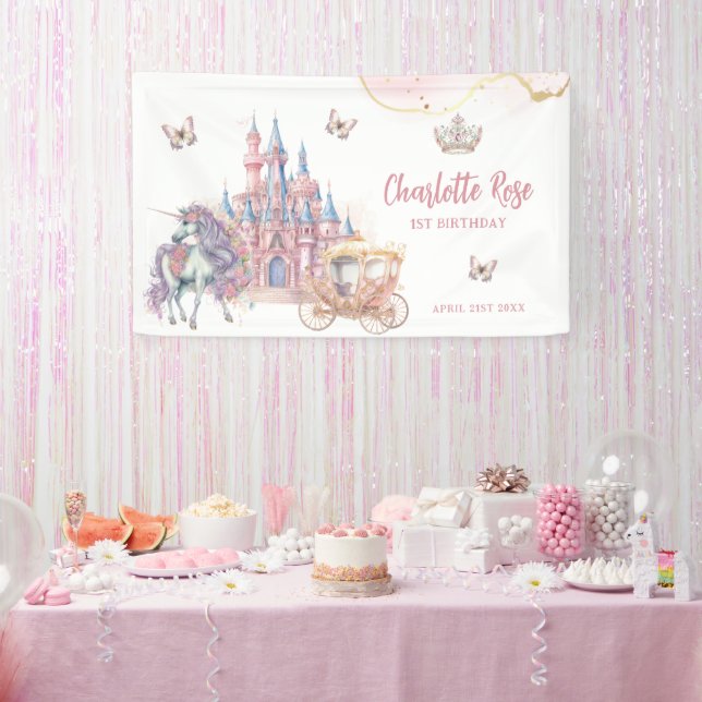 Magical Castle Unicorn Pink Princess 1st Birthday Banner (Party)