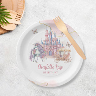 Magical Castle Unicorn Pink Princess 1st Birthday Paper Plate