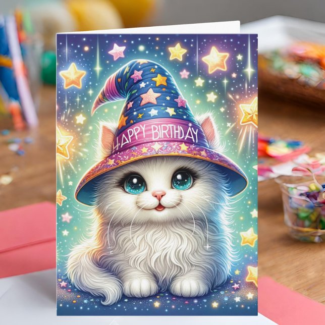 Magical Cat Birthday Card (Birthday card with a cute cat in a wizard hat.)