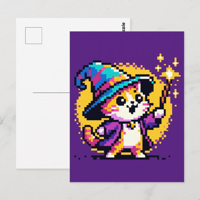 Magical Cat Wizard: 8-Bit Spellcaster Postcard (Front/Back)