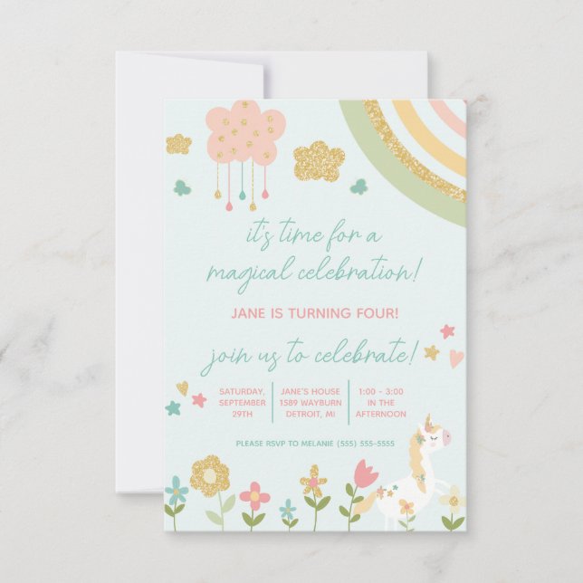 Magical Celebration, Unicorn, Rainbow Birthday Invitation (Front)