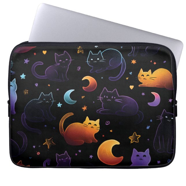 Magical Celestial Cat Pattern with Moons  Laptop Sleeve (Front)