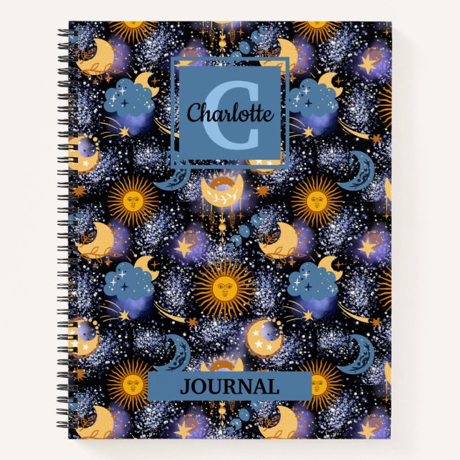 Magical Celestial Pattern Sun Moons Stars Monogram Notebook (Front)
