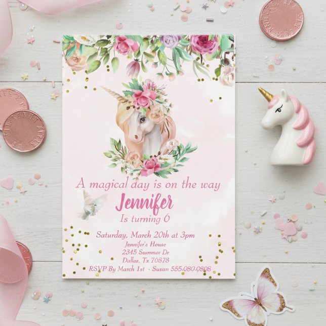 Magical Child's Gold Unicorn Pegasus Floral Invitation (Creator Uploaded)