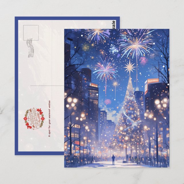 Magical Christmas City Fireworks Night Postcard (Front/Back)