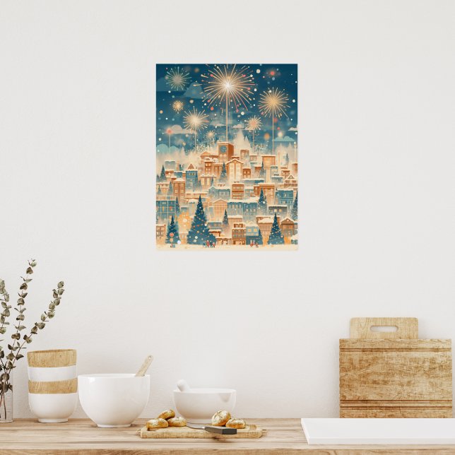 Magical Christmas City Fireworks Night Poster (Kitchen)
