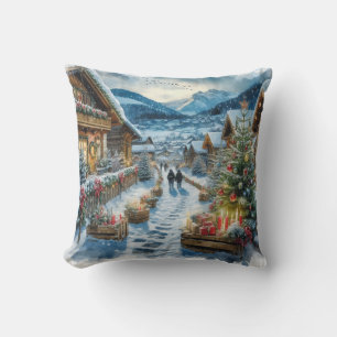 Magical Christmas Eve in a Snowy Village Cushion