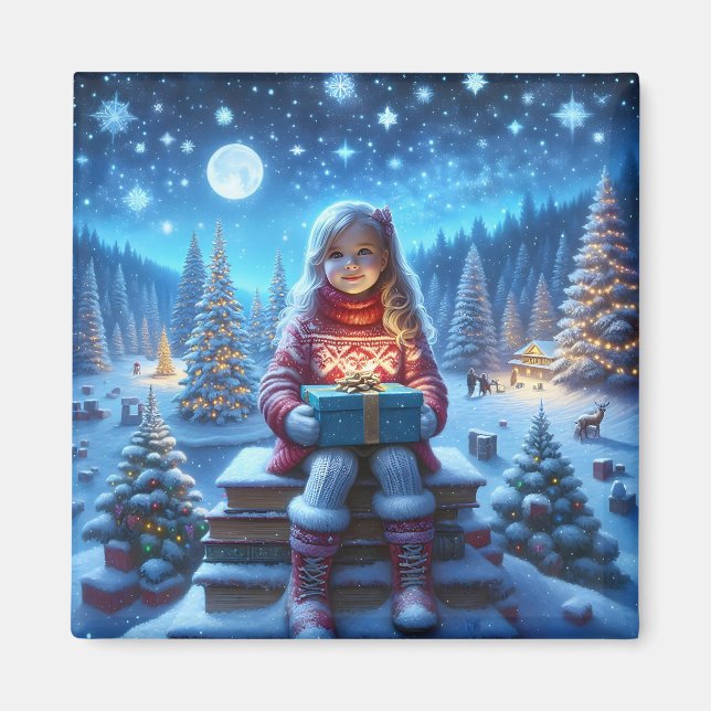 Magical christmas fir forest girl present magnet (Front)