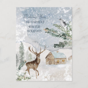 Magical Christmas Forest Deer Bird  Postcard