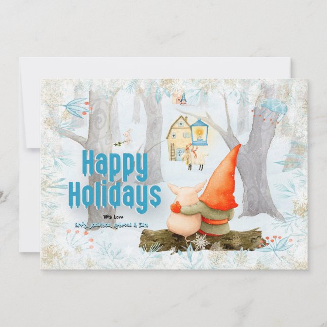 Magical Christmas Forest Tomte Gnome Piglet Snow Holiday Card (Front)