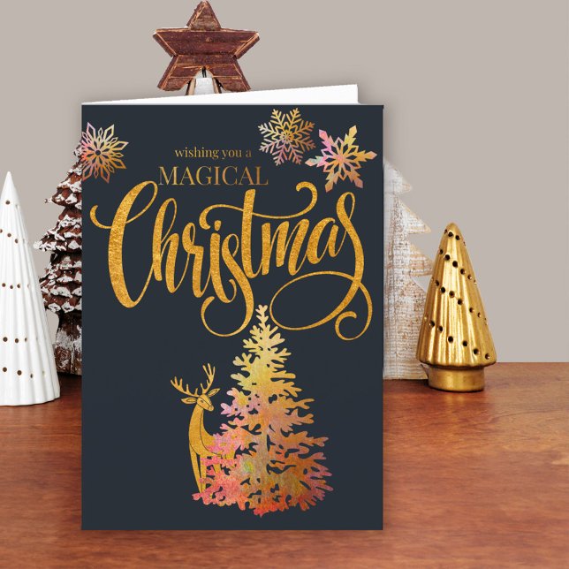 Magical Christmas Gold Deer and Tree Holiday Card (Magical Christmas Card. Buy professionally printed or as printable digital download.)