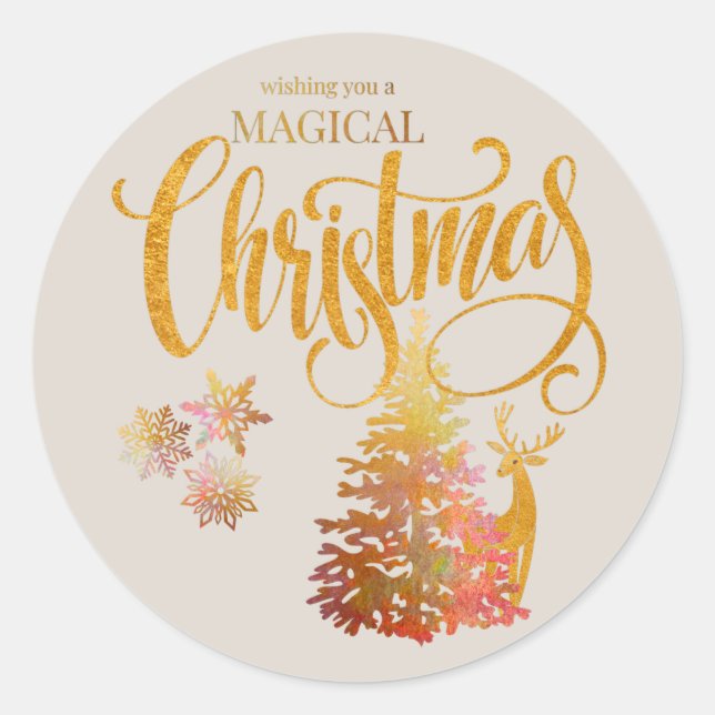 Magical Christmas Gold Tree & Reindeer Champagne Classic Round Sticker (Front)