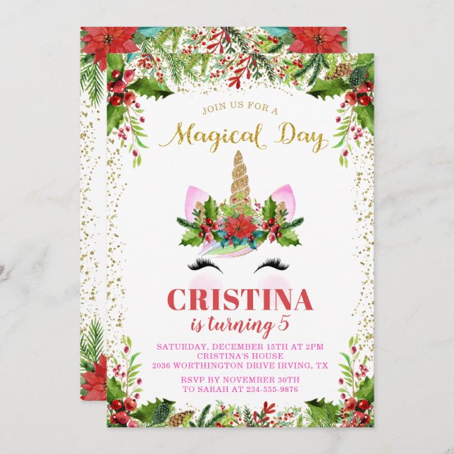 Magical Christmas Holly Berries Unicorn Birthday Invitation (Front/Back)