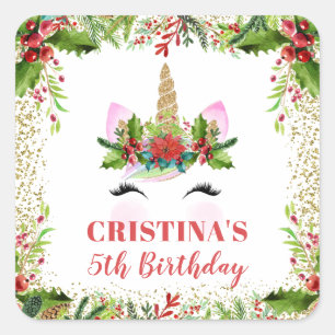 Magical Christmas Holly Berries Unicorn Birthday Square Sticker