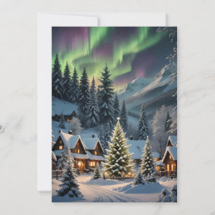 Magical Christmas, mountain village, polar lights Holiday Card